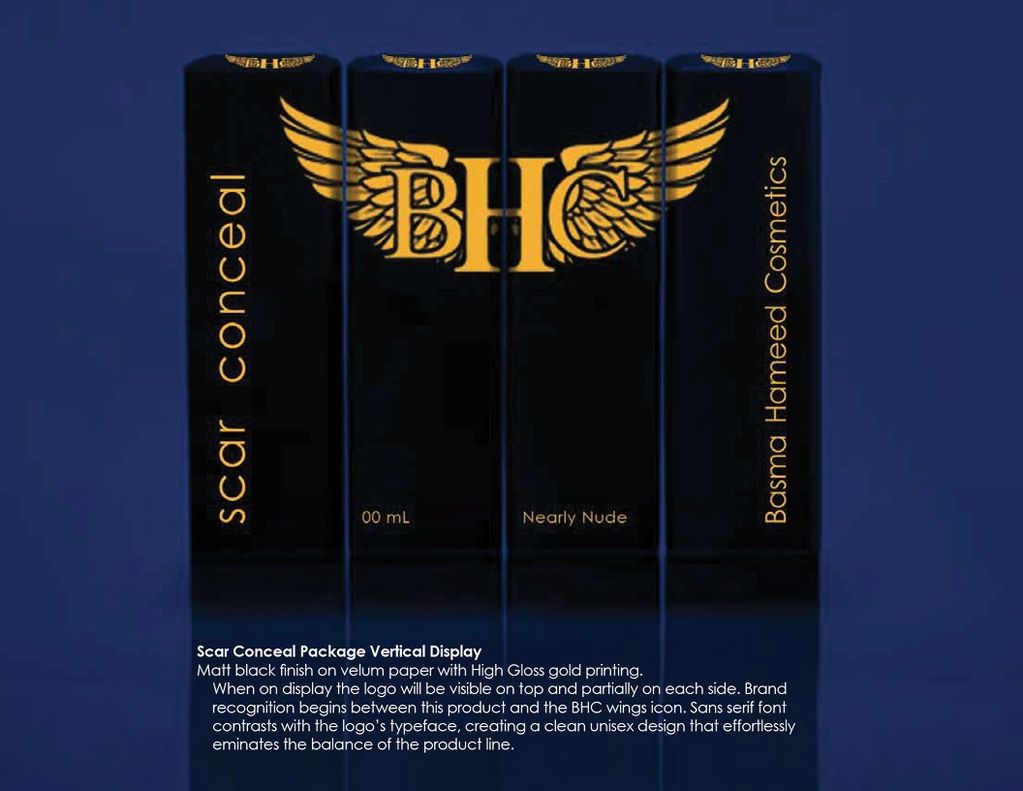 Matte black scar conceal packaging with gold BHC wing logo and elegant typography.