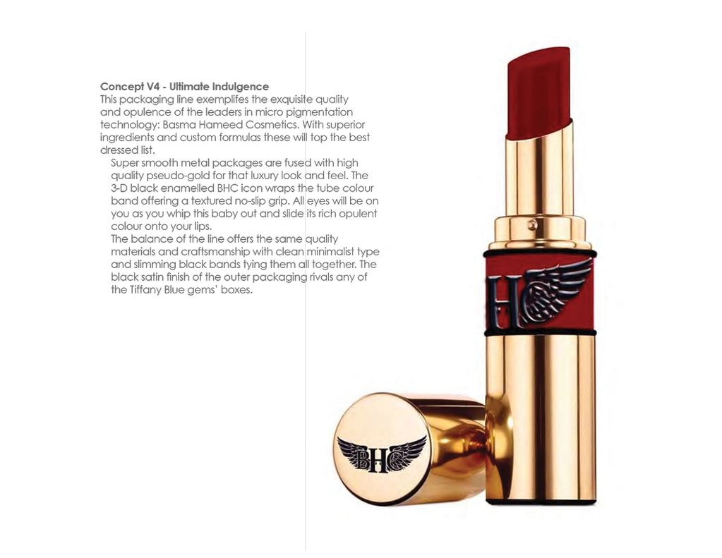 Luxury red lipstick in gold tube with black winged emblem.