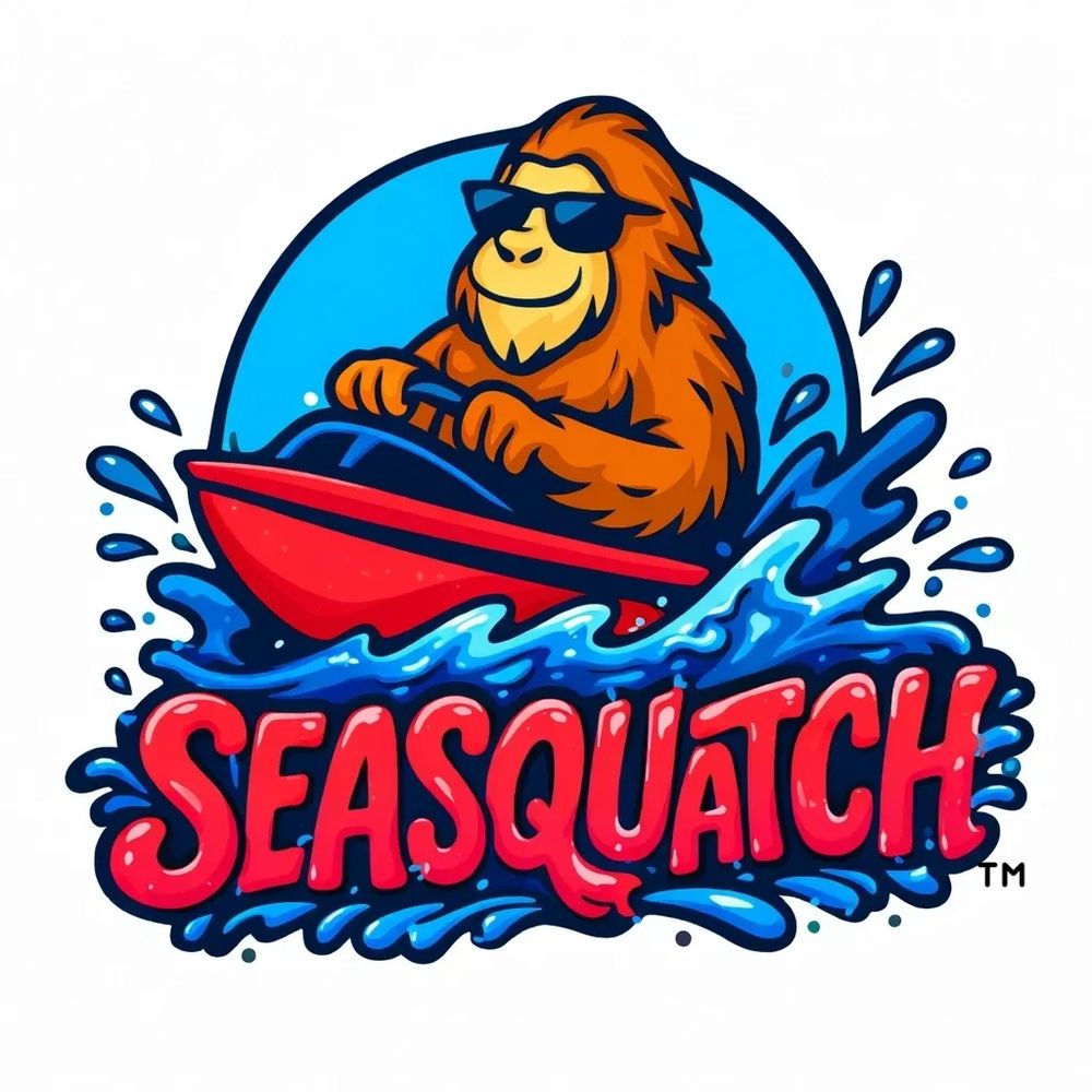 Cartoon Sasquatch driving a red speedboat with water splashes and "SEASQUATCH" text.