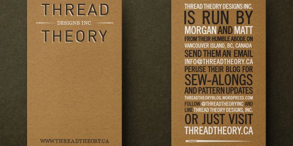 Business cards for Thread Theory. Black and white on kraft paper.