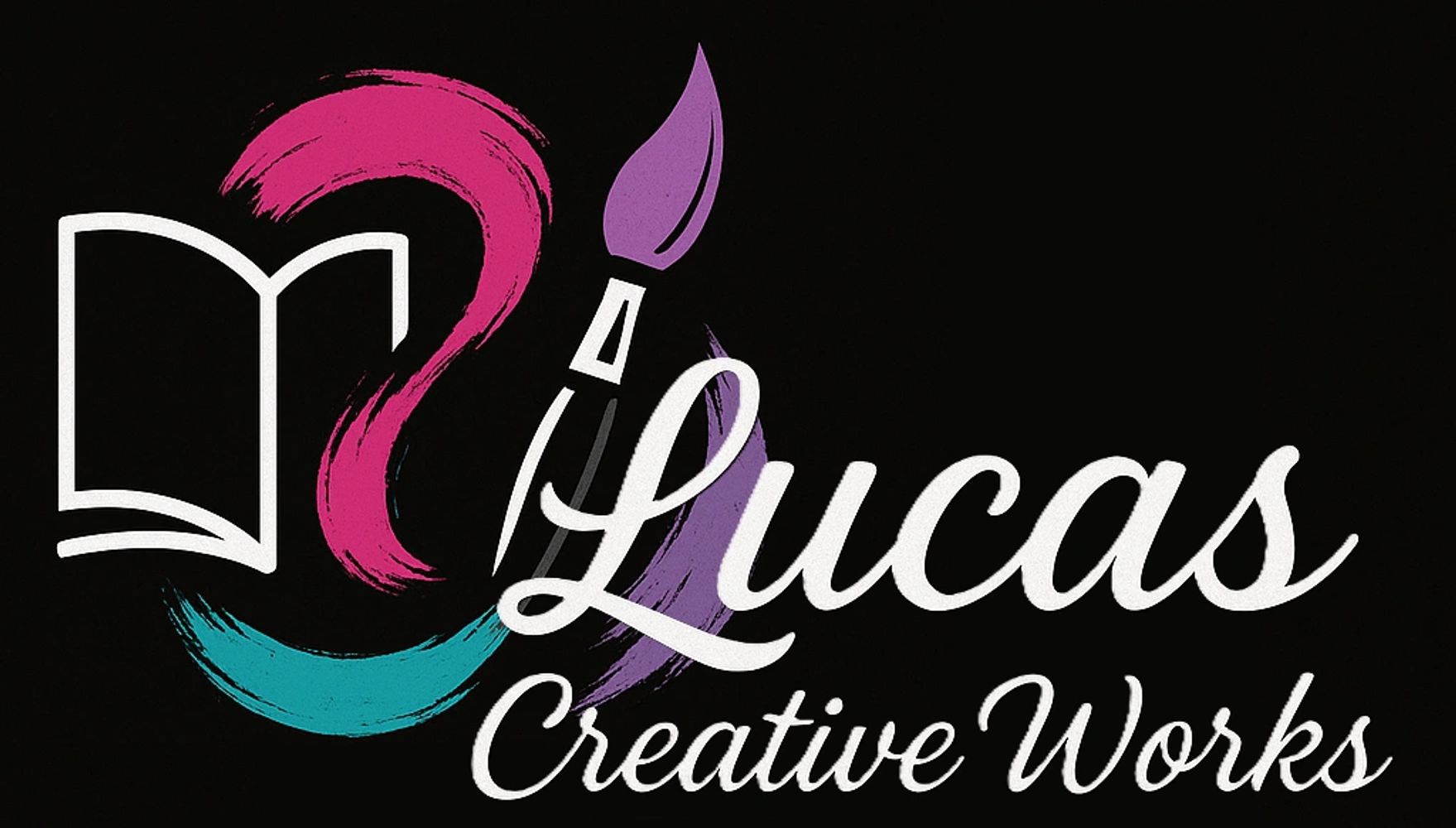 Logo of Lucas Creative Works with a paintbrush and book.