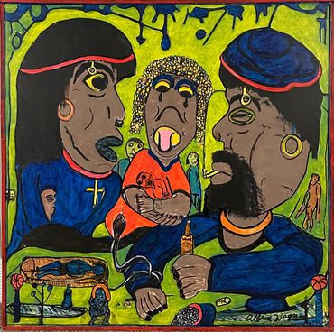 "Hush Your Mouth Baby", c. 1990's,
Mixed media, acrylic, ink, oil stick, graphite, on board, 48" x