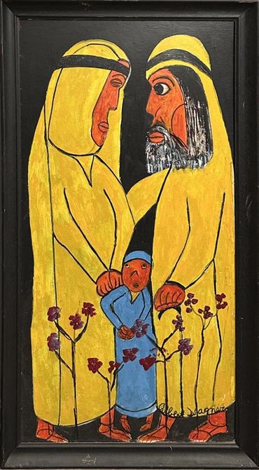"The Madonna", Mary Joseph and Jesus,
1996, Acrylic on thrift store painting, 48" x 24"