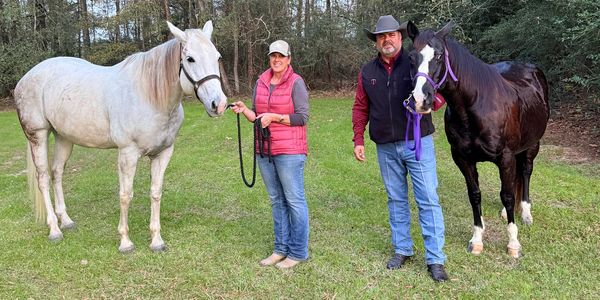 Kristin & Trey are at 3W Farm and Ranch Rescue posing with Sugar & Molly - the two mares.