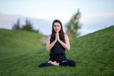 Prayer pose, yoga outside, woman practicing, meditation.