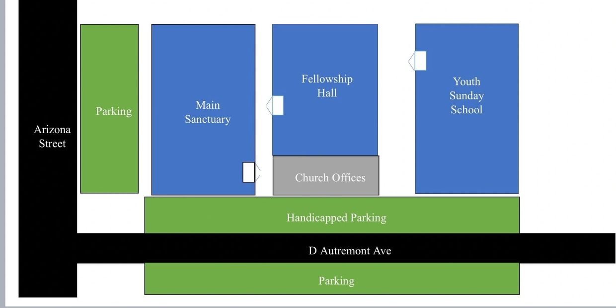 Church layout with sanctuary, fellowship hall, youth school, offices, and parking areas.