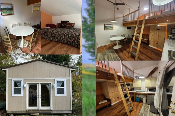 Cozy tiny house exterior and interior with wooden loft and simple furnishings.
