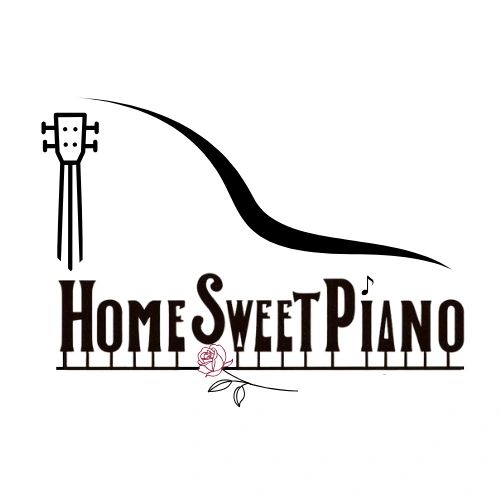Home Sweet Piano logo with a red rose lying on the piano outline, symbolizing music and love.