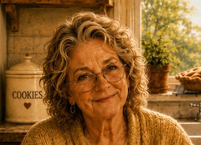 Smiling elderly woman with curly hair and glasses in a cozy kitchen.