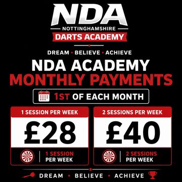NDA Darts Academy monthly payment plans for one or two sessions per week.