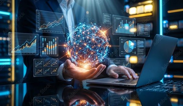 Businessman interacting with digital data and charts around a glowing network sphere.