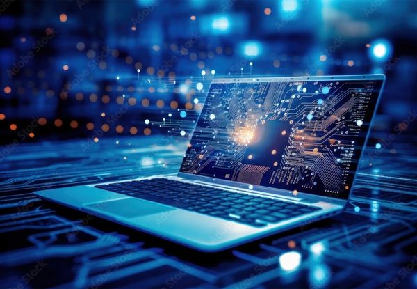 Laptop displaying digital circuit board with glowing elements in a tech environment.