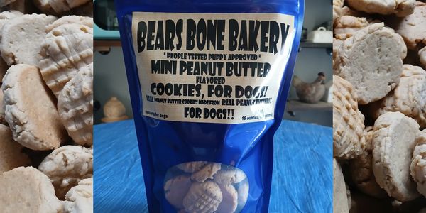 Blue package of mini peanut butter dog cookies from Bears Bone Bakery.