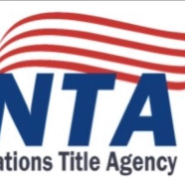 Logo of a title agency with red stripes and blue letters.