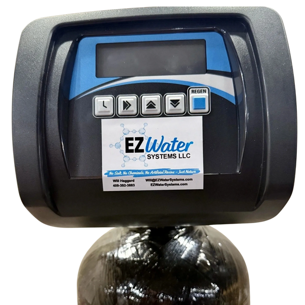 Water softener control panel from EZ Water Systems LLC with display and buttons.