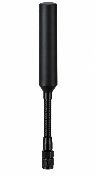 Black flexible antenna with a cylindrical body.