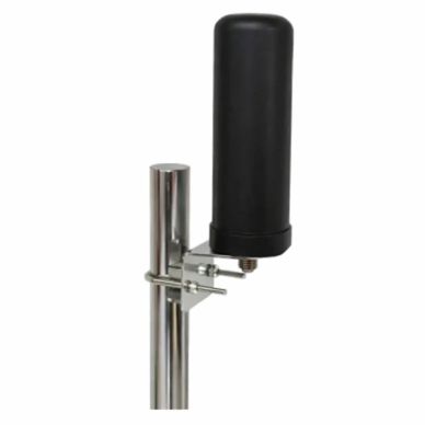 Black cylindrical antenna mounted on a metal pole with clamps.