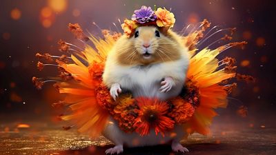 happy hamster in a colorful flower tutu and flower hat