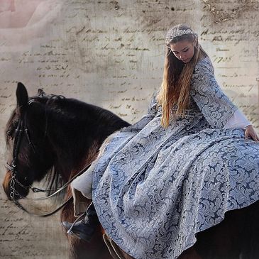 Woman in elegant dress riding a horse.