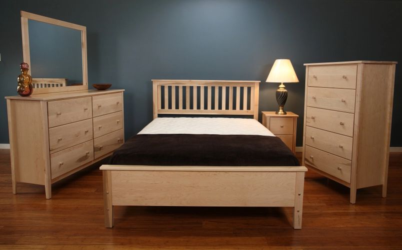 Maine made platform bed, dresser, mirror, chest, nightstand.