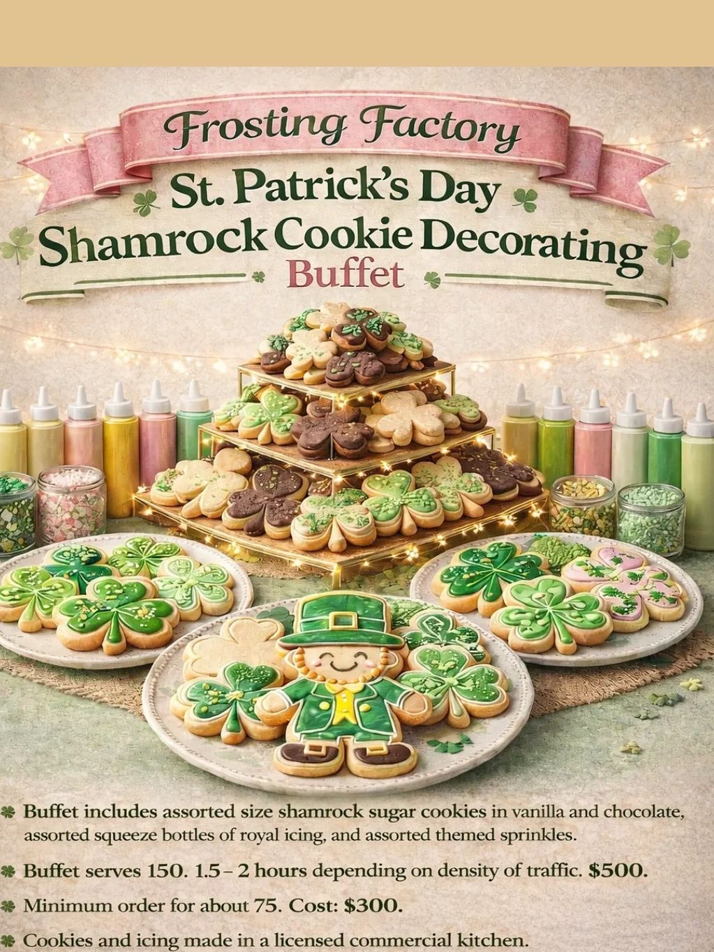 Shamrock and leprechaun sugar cookie decorating buffet with squeeze bottles of icing and sprinkles