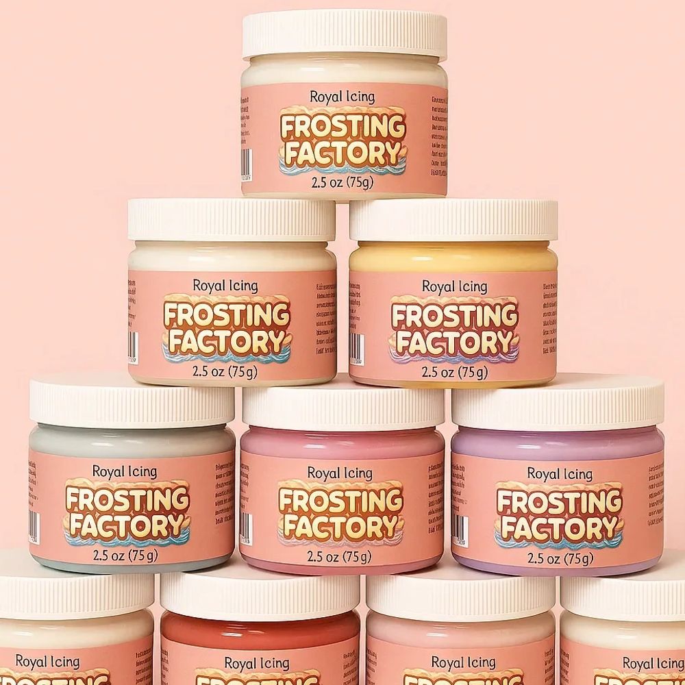 stack of royal icing jars in white an pastel colors