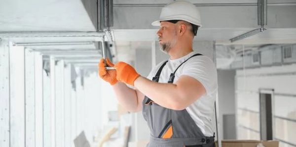 Construction worker inspecting or installing pipe in building interior.