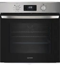 Modern stainless steel electric oven with digital display and control knobs.