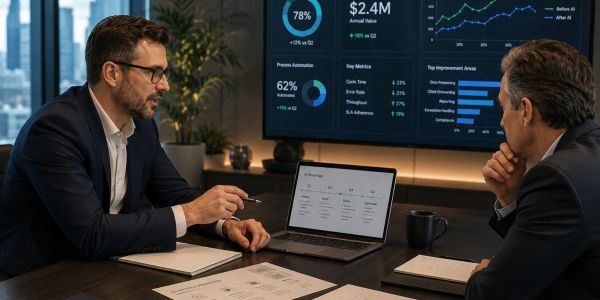 Two businessmen discussing data and graphs in an office.