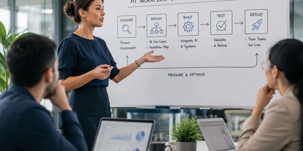 Woman presenting AI workflow to colleagues in a meeting.
