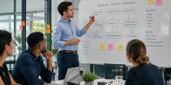 Man presenting workflow assessment to colleagues in meeting.