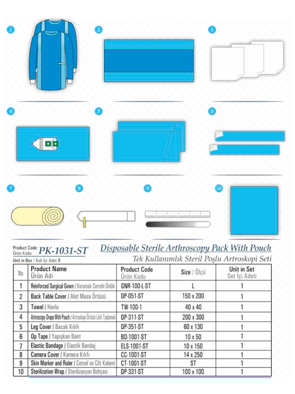 Disposable Steriel Arthroscopy pack with pouch, tek kullanımlık steril poşlu artroskopi seti.