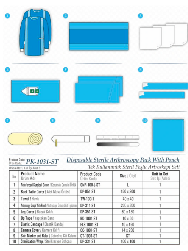 Disposable Sterile Arthroscopy pack with pouch, tek kullanımlık steril poşlu artroskopi seti.