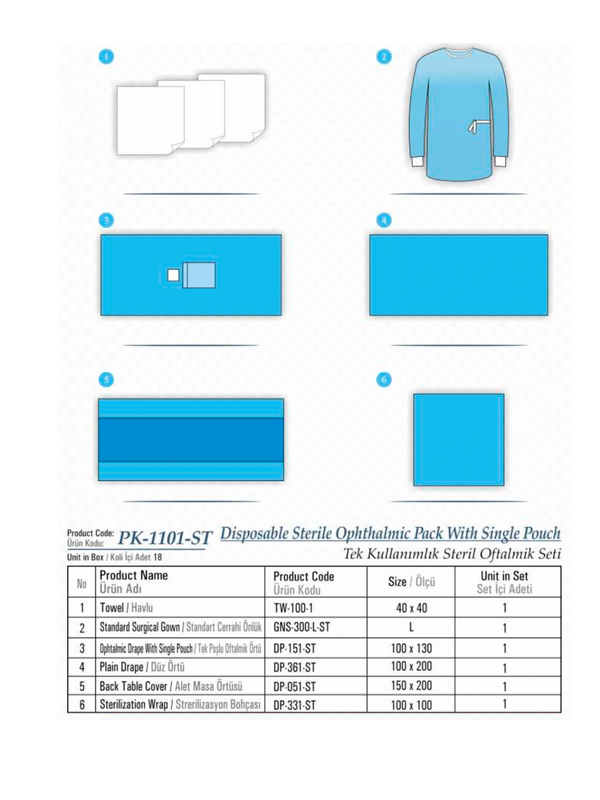 Disposable Sterile phthalmic pack with single pouch, tek kullanımlık steril oftalmik seti