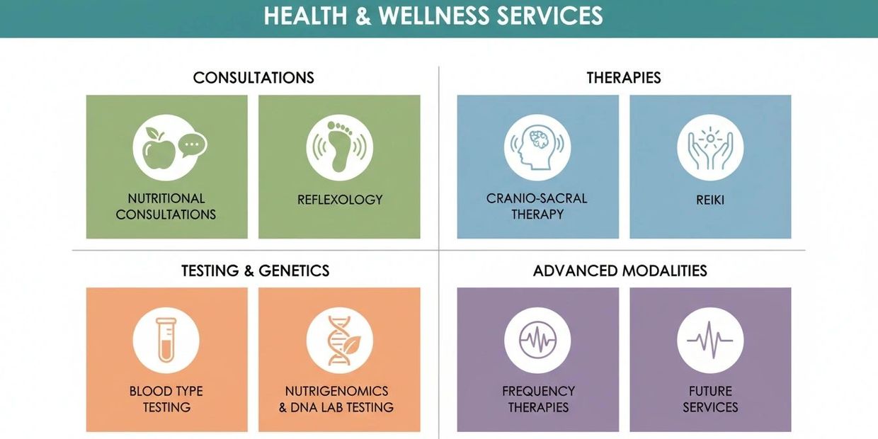Overview of health and wellness services including consultations, therapies, testing, and advanced modalities.