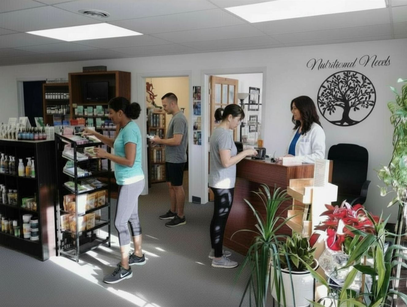 People shopping and consulting at a nutritional store.