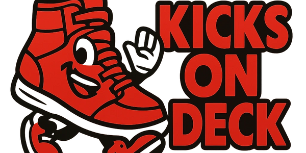 Cartoon red sneaker with face and hands next to text "KICKS ON DECK".