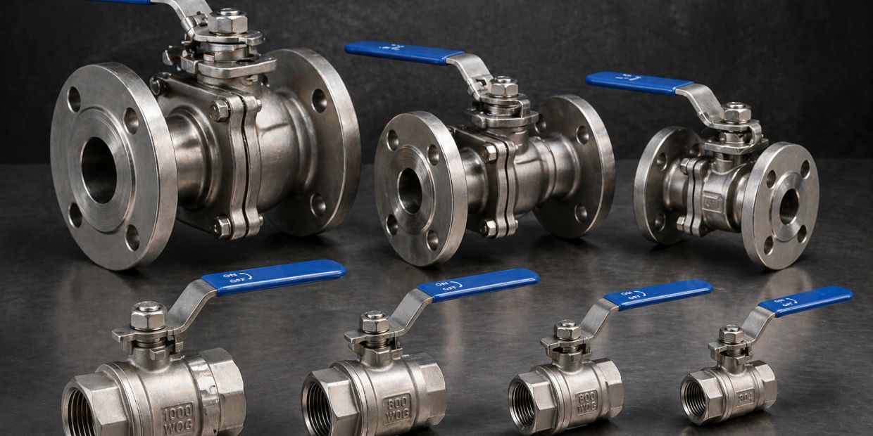 Various stainless steel ball valves with blue handles.