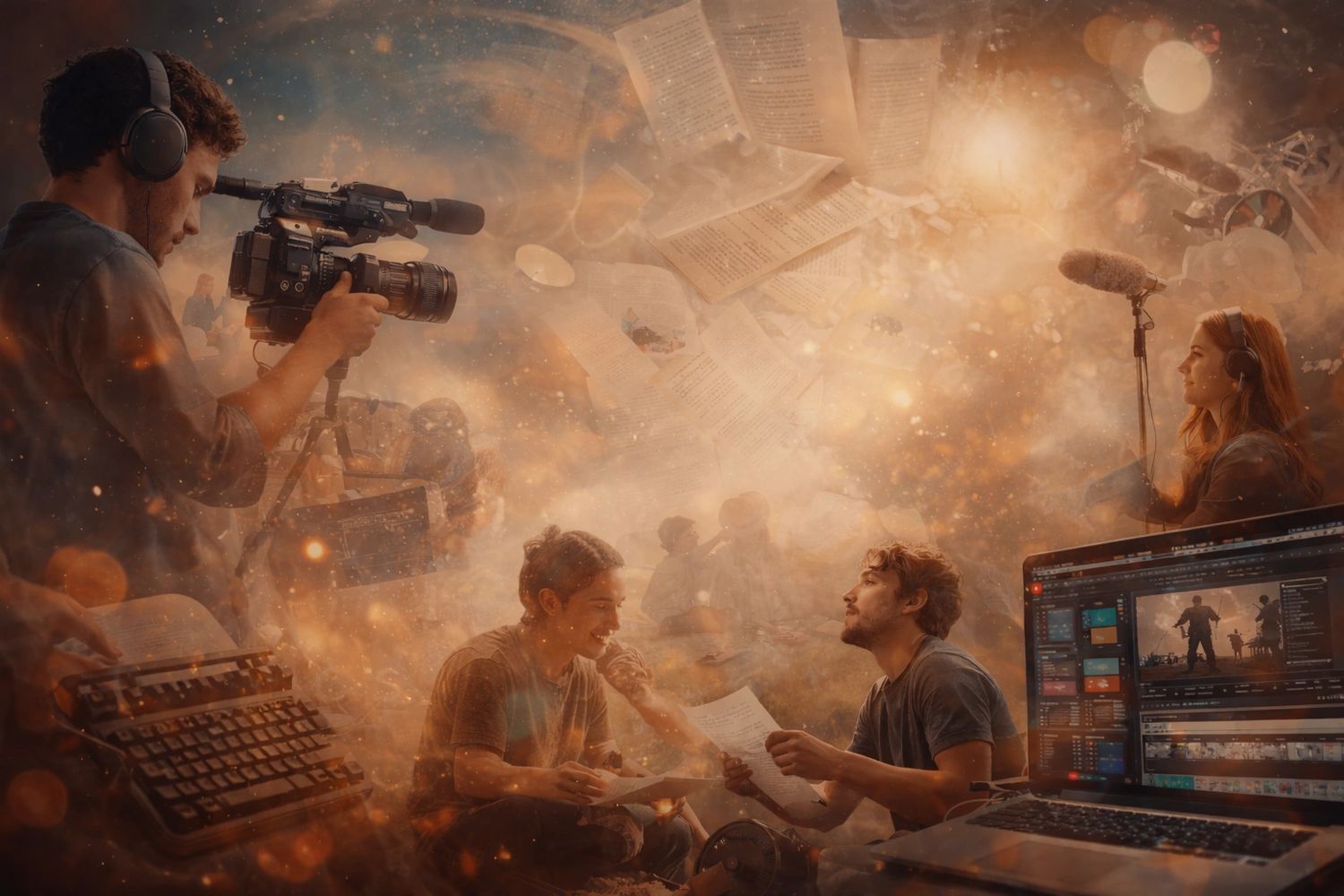 Creative team filming and editing a project with camera, script, and sound equipment.