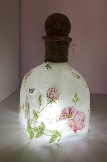 glass bottle, pretty napkin, decoupage, light