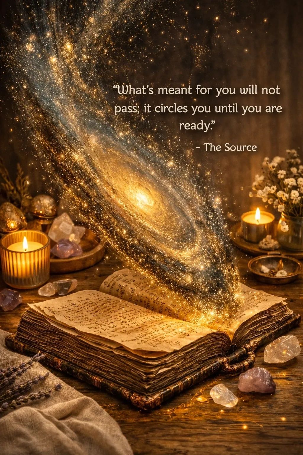 An ancient book emits a glowing galaxy with an inspiring quote about destiny and readiness.