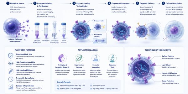 Infographic illustrating engineered exosomes for targeted cellular delivery and modulation.