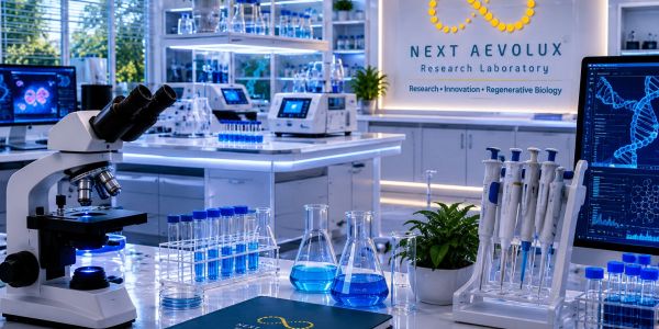 Modern laboratory with microscopes, test tubes, and DNA research displays.
