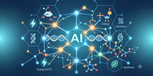 Illustration showing AI integration with genetics and energy molecular structures.