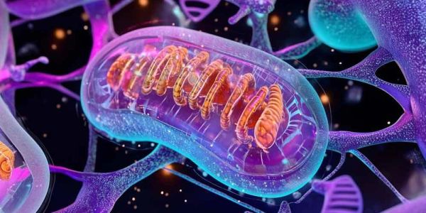 Detailed 3D illustration of a mitochondrion inside a cell.