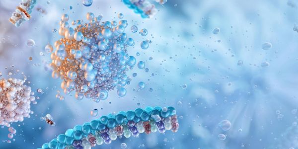 3D illustration of molecules and molecular structures in a blue environment.