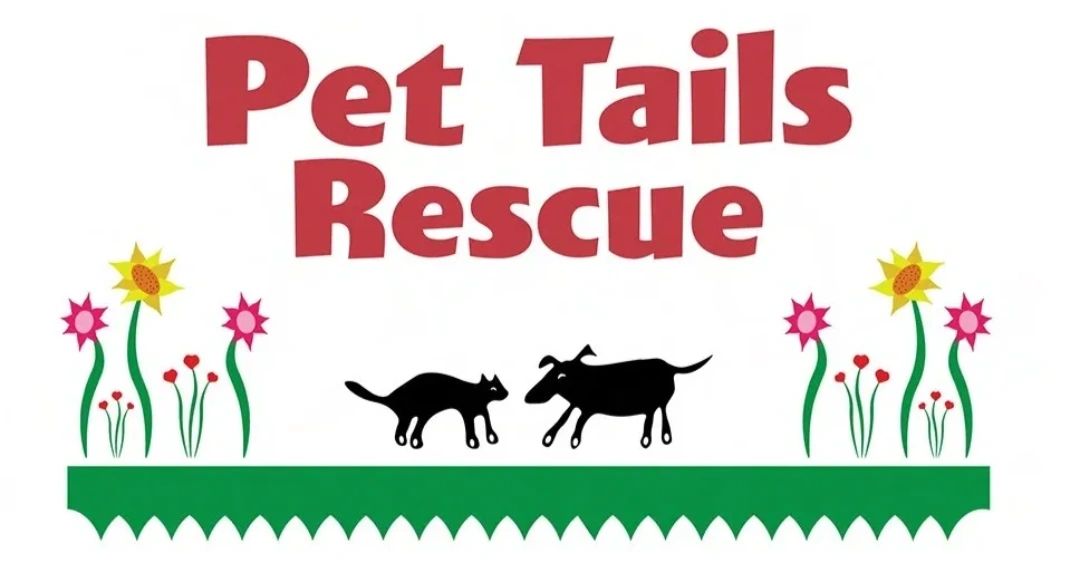 Logo for Pet Tails Rescue with silhouettes of a cat and dog among flowers.