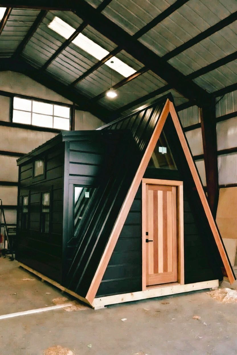 Black A-frame tiny house with wooden door inside a large building.