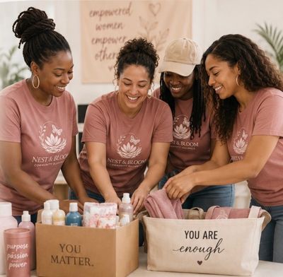 Four women packing care packages with uplifting messages.