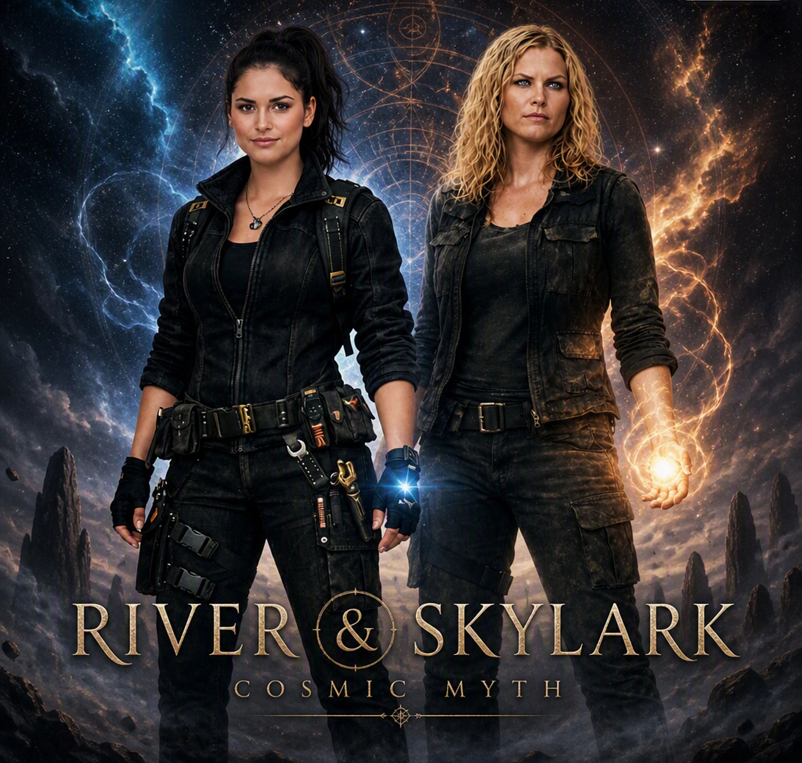 Two people stand before a fantasy castle with waterfalls and two moons.
